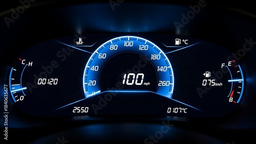 Car Dashboard Speedometer Displaying 100 mph at Night