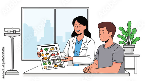 Dietician giving nutrition advice with food chart. Flat vector illustration for healthy eating, wellness consultation, and diet planning