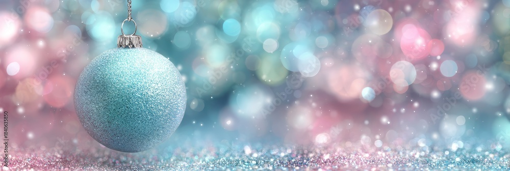 Naklejka premium Glittery turquoise Christmas ornament hanging amid vibrant pink, blue, and purple bokeh, evoking festive winter holiday spirit and seasonal celebration