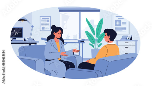 Therapist speaking with patient in calm mental health session. Flat vector illustration for psychology, counseling, and emotional support