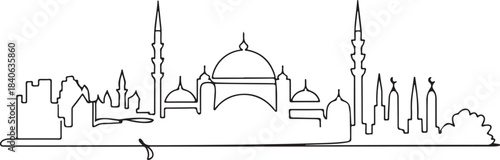 Continuous Line Art of Istanbul European Side Skyline with Mosque Domes Minimal Outline Illustration