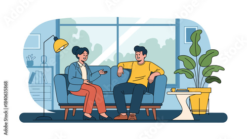 Therapist speaking with patient in calm mental health session. Flat vector illustration for psychology, counseling, and emotional support