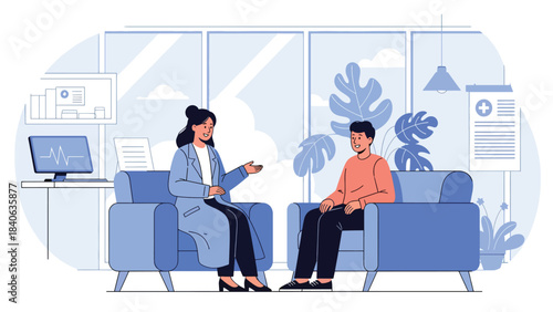 Therapist speaking with patient in calm mental health session. Flat vector illustration for psychology, counseling, and emotional support
