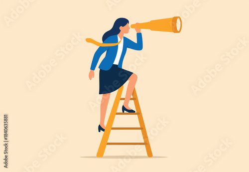 Career opportunity, business success vision or searching for new job, leadership visionary, looking for goal, future or business discovery concept, businesswoman climb up ladder looking on telescope.