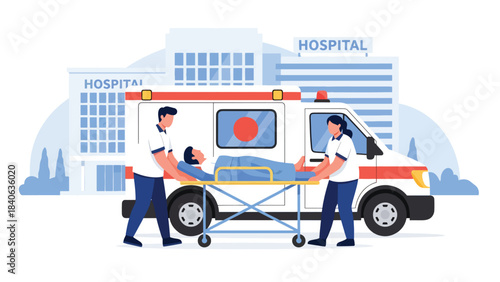 Ambulance staff assisting patient on stretcher. Flat vector emergency care illustration for rescue, paramedic services, and medical response