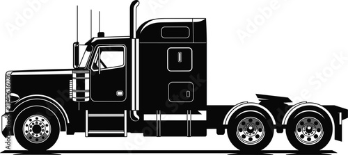 Classic semi-trailer truck cab vector silhouette, heavy transport vehicle, long haul freight, commercial delivery