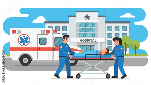 Ambulance staff assisting patient on stretcher. Flat vector emergency care illustration for rescue, paramedic services, and medical response