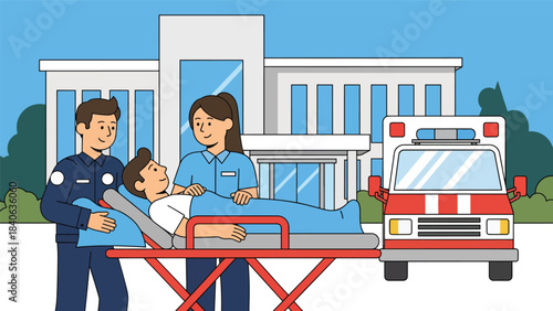 Ambulance staff assisting patient on stretcher. Flat vector emergency care illustration for rescue, paramedic services, and medical response