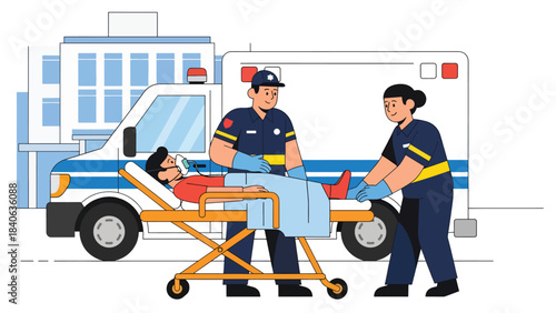 Ambulance staff assisting patient on stretcher. Flat vector emergency care illustration for rescue, paramedic services, and medical response