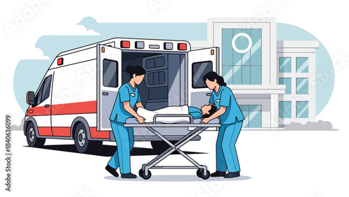Ambulance staff assisting patient on stretcher. Flat vector emergency care illustration for rescue, paramedic services, and medical response