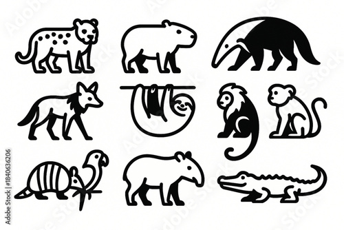 Brazilian animal silhouette vector icon set with jaguar capybara anteater maned wolf sloth tamarin armadillo tapir macaw and caiman