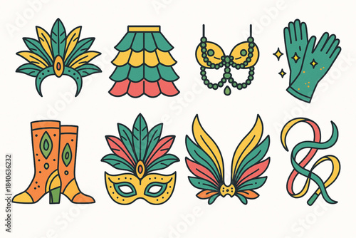 Brazilian carnival costume vector icon set with headdresses skirts chest pieces gloves boots masks wings and ribbons
