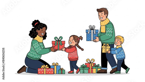 Family Holiday Gift Exchange: A heartwarming illustration captures a family joyfully exchanging Christmas presents, wrapped with ribbons, creating a festive scene.