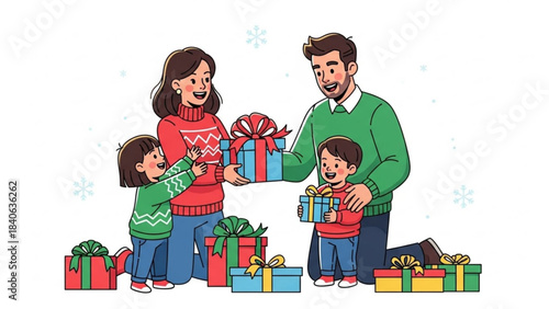 A happy family exchanging Christmas presents during the holiday season.