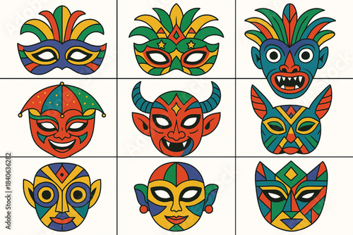 Brazilian festival mask vector grid with carnival frevo folklore and geometric abstract designs