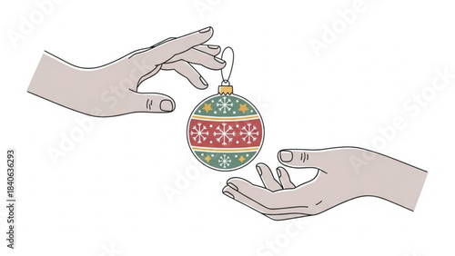 Holiday Ornament Gift: Two hands gracefully exchange a beautifully decorated Christmas ornament, capturing the spirit of giving and the joy of the holiday season.