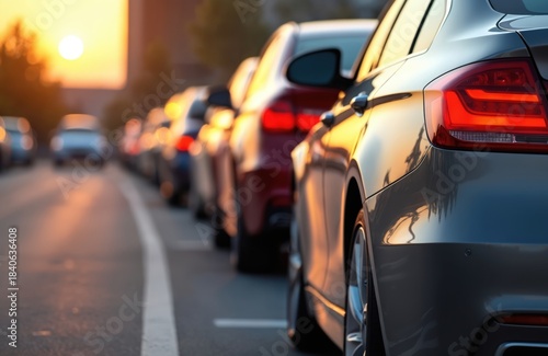 Wallpaper Mural Long line of cars waits on highway during sunset. Traffic congestion slows movement along asphalt road. Blurred vehicles create a sense of urgency and delay. Torontodigital.ca