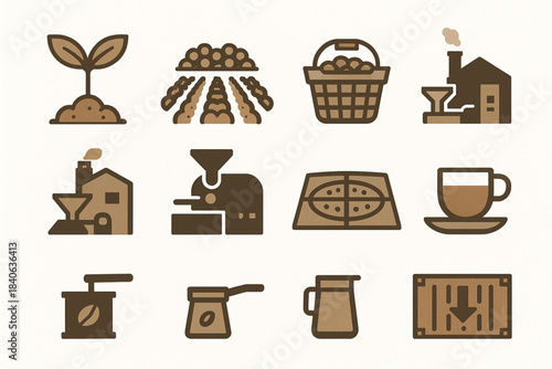 Brazilian coffee production vector icon set with seedling plantation harvest mill drying roasting grinder espresso and export