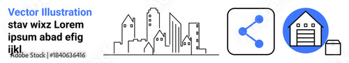Urban planning, cybersecurity, data sharing, logistics, storage solutions, digital security. A city skyline, a sharing symbol and a warehouse icon with lock. Urban planning and digital security