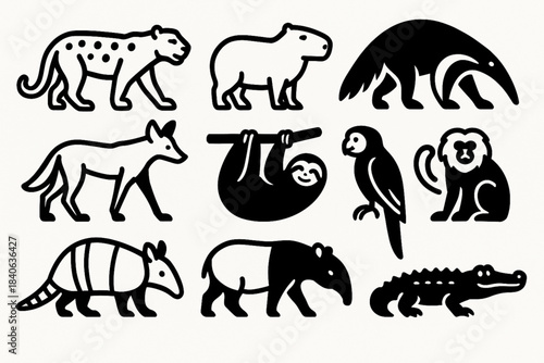 Brazilian animal silhouette vector icon set with jaguar capybara anteater maned wolf sloth tamarin armadillo tapir macaw and caiman