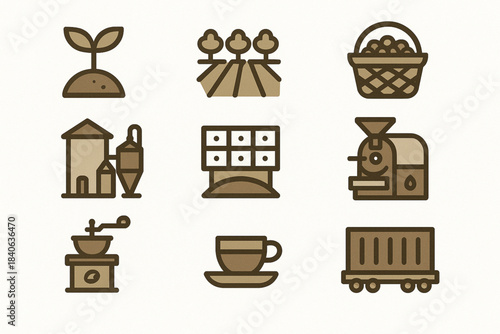 Brazilian coffee production vector icon set with seedling plantation harvest mill drying roasting grinder espresso and export