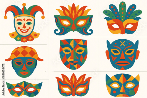Brazilian festival mask vector grid with carnival frevo folklore and geometric abstract designs