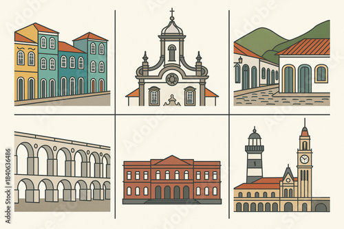 Brazilian historical landmark vector grid with Pelourinho Ouro Preto Paraty Lapa arches museum lighthouse and train station