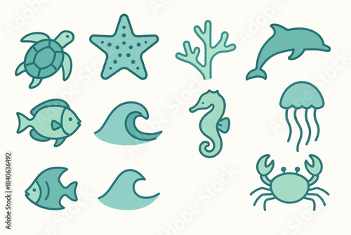 Brazilian marine biodiversity vector icon set with turtle starfish coral dolphin fish seahorse crab and jellyfish