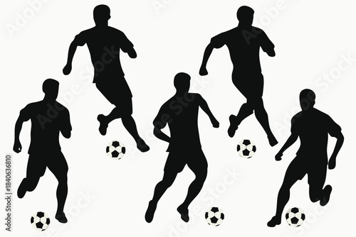 Dynamic silhouettes of soccer players in action with footballs on white background