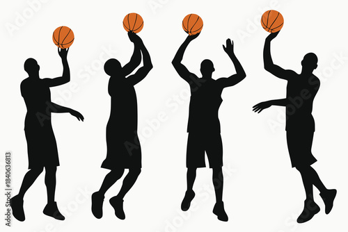 Silhouettes of basketball players in action jumping and shooting the ball