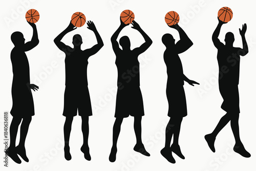Silhouettes of basketball players in various shooting poses against a white background