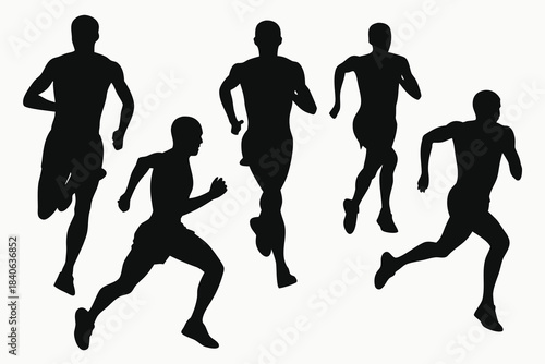 Silhouettes of five male athletes running in motion against a white background