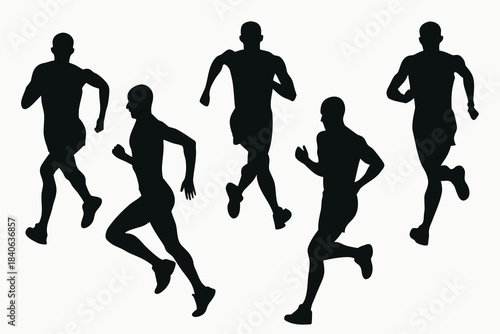 Silhouettes of five male runners in motion against a white background
