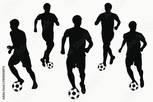 Silhouettes of five soccer players dribbling a ball on a white background