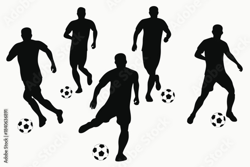 Silhouettes of five soccer players in action with footballs on a white background