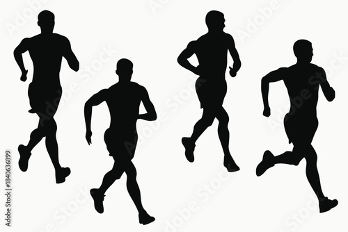 Silhouettes of four male runners in motion against a white background