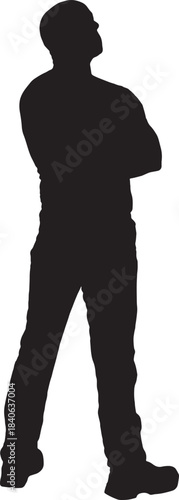 vector, silhouette of  back side view of a man standing looking up arms crossed