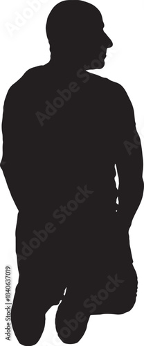 vector, silhouette of back view of a man kneeling on the floor looking away