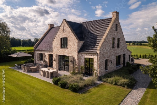 A contemporary brick home featuring expansive windows and a spacious outdoor dining space, set against the backdrop of a lush green field beneath a bright blue sky during the daytime