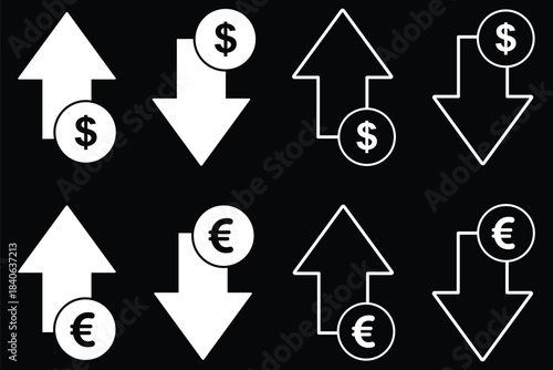 Money increase or decrease icon set. dollar decrease increase symbol. profit and lose icons with arrow , Cost rising icon. Price, sale, rate profit going up or down symbol with arrow. dollar and euro