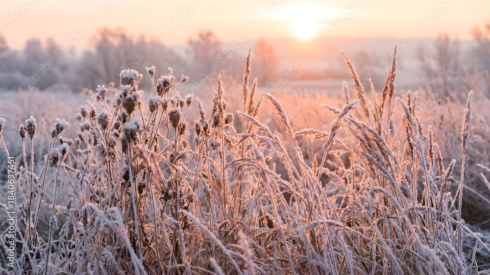 Fototapeta premium Hoarfrost Meadow: A field of tall dried grasses completely coated in thick white hoarfrost. 