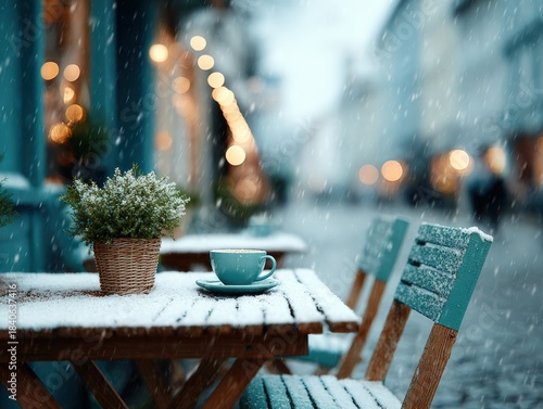 Cozy Winter Still Life with Snowy Teacup and Frosted Serveware