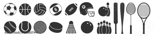 Sports balls minimal flat icon set, monochrome vector collection of soccer, football, tennis, golf, bowling, basketball, hockey, volleyball, rugby and baseball on transparent background