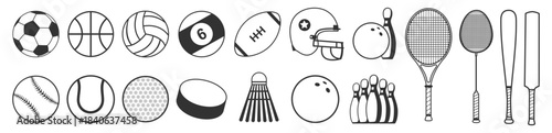 Sports balls and equipment collection, football, soccer, basketball, tennis, baseball, bowling, hockey, rugby, cricket illustration on transparent background