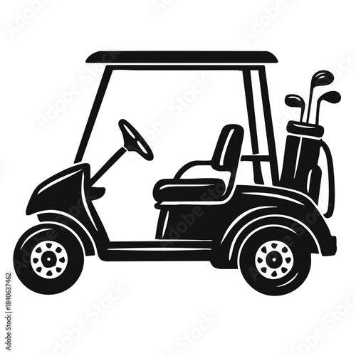 Black golf cart silhouette with clubs vector illustration, Minimal golf buggy icon with golf bag and equipment, Simple golf cart symbol for sports web icons, mobile apps, and print design elements