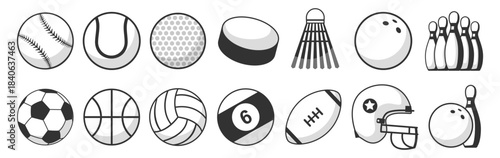 Sports balls and equipment collection, football, soccer, basketball, tennis, baseball, bowling, hockey, rugby, cricket illustration on transparent background