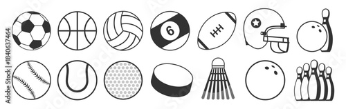 Sports balls minimal flat icon set, monochrome vector collection of soccer, football, tennis, golf, bowling, basketball, hockey, volleyball, rugby and baseball on transparent background