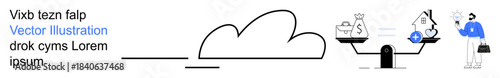 Financial management, cloud computing, digital storage, investment strategies, remote business, system access. A cloud balances cash and real estate with a connected user. Financial management