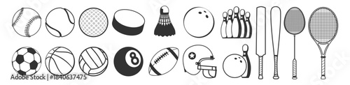 Sports balls and equipment collection, football, soccer, basketball, tennis, baseball, bowling, hockey, rugby, cricket illustration on transparent background