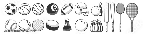 Sports balls and equipment collection, football, soccer, basketball, tennis, baseball, bowling, hockey, rugby, cricket illustration on transparent background